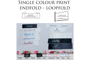 50 labels Single Colour print, Sew-on Clothing label, Slit-edge Satin, Endfold Loopfold